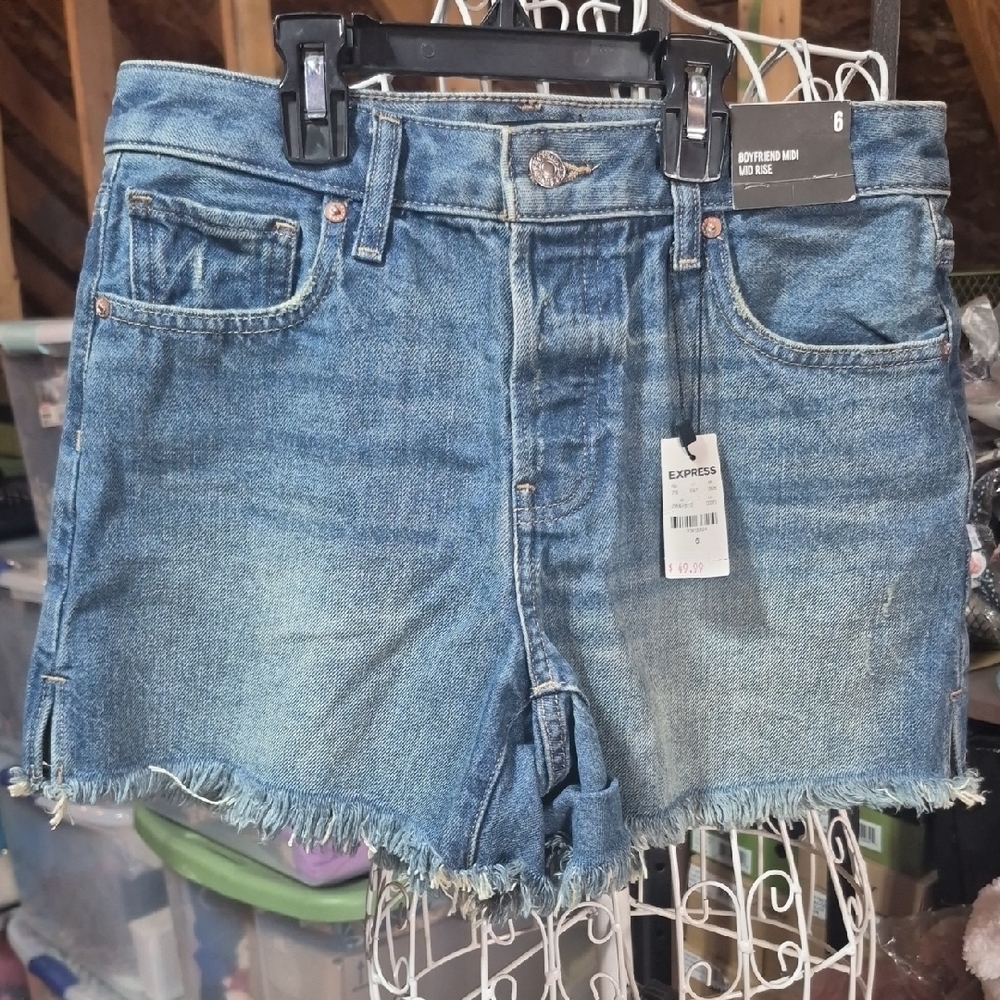 Express Women's Frayed Hem Jean Shorts - Blue
